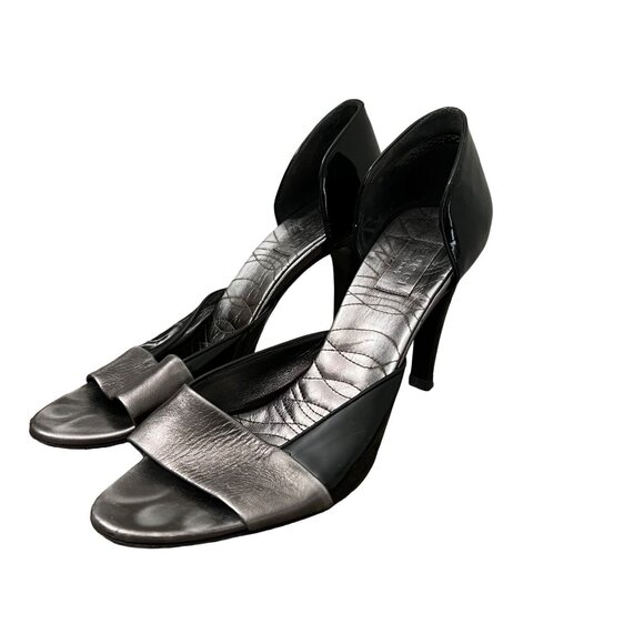 Gucci Womens Black Patent Pewter Metallic Leather D'orsay Peep Toe Heels 9 - Picture 1 of 12